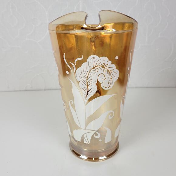 Vintage Jeanette Marigold Pitcher 9" Amber Peach Carnival Glass‎ Feather - Picture 3 of 13